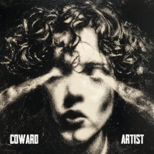 A dark expressionist Coward_Album_Cover_Art with a high-contrast gritty monochrome illustration of a man with wavy hair, whose eyes are covered by hands, set against a black textured background.