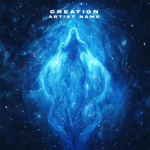 A stunning Creation music album cover art featuring a glowing blue cosmic figure emerging from a star-filled galaxy.