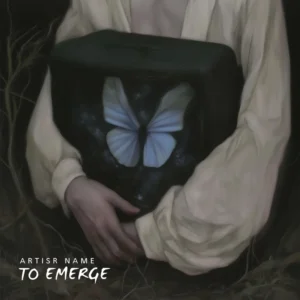 Dark emotional album cover art featuring a close-up painting of a person in a white linen tunic cradling a black box that encloses a glowing blue butterfly amidst a starry night backdrop.