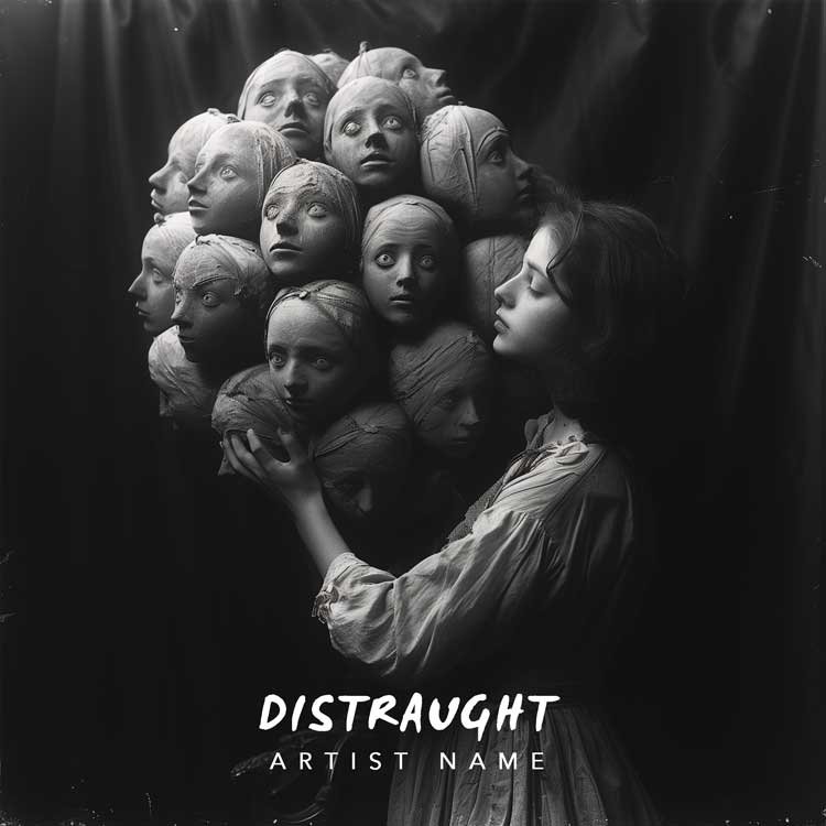 Distraught - Art Pop Emotional Album Cover - A haunting music album cover featuring a figure with a cluster of distressed stone faces above their head, set against a dark background.