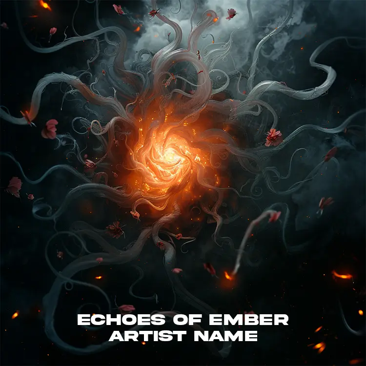 A fiery Echoes of Ember album cover art featuring a swirling vortex of glowing embers and dark, organic tendrils with scattered petals, creating an intense fantasy scene.