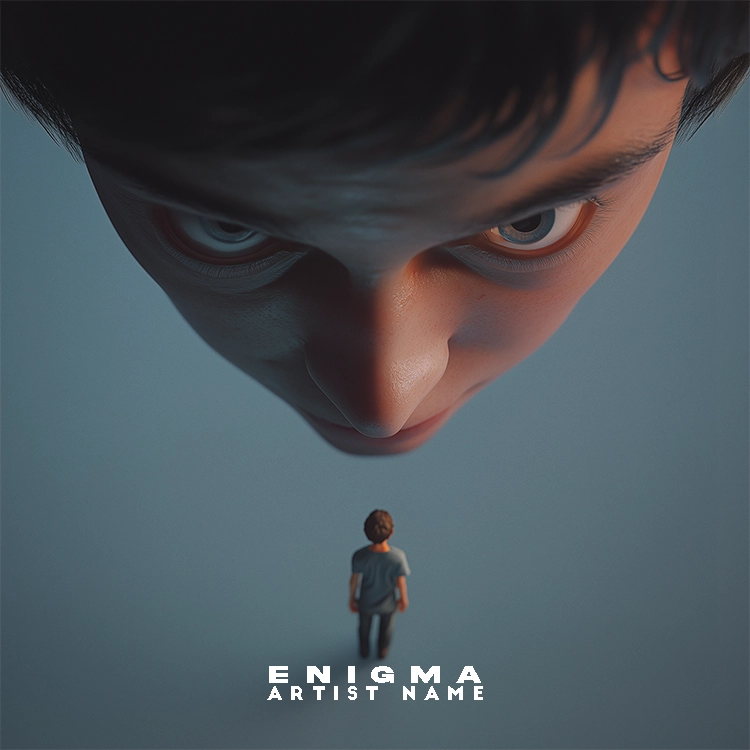 Enigma album cover - A haunting music album cover with a lone figure standing under a giant, piercing face with intense eyes.