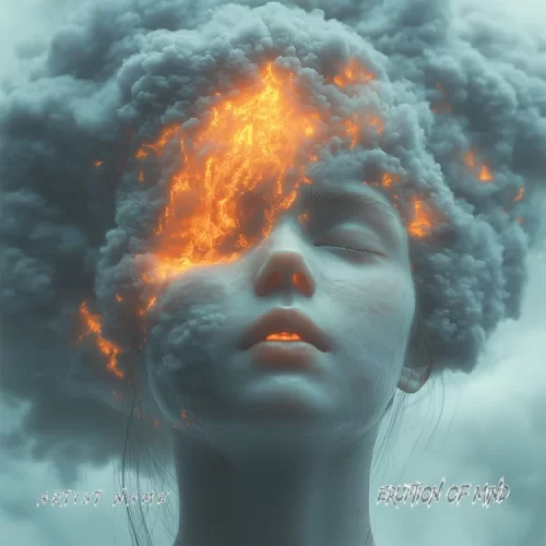 Eruption of Mind Album Cover featuring a surreal face with clouds and fiery eruptions.