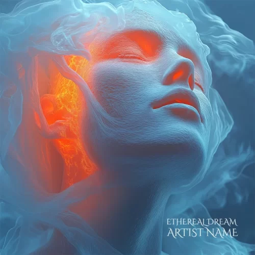 Ethereal Dream - A surreal pre-made cover art featuring a glowing abstract portrait in vibrant orange and blue tones.