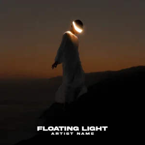 A surreal music album cover featuring a figure in a white robe with a glowing halo around their head, standing on a cliff at sunset with a warm orange sky.