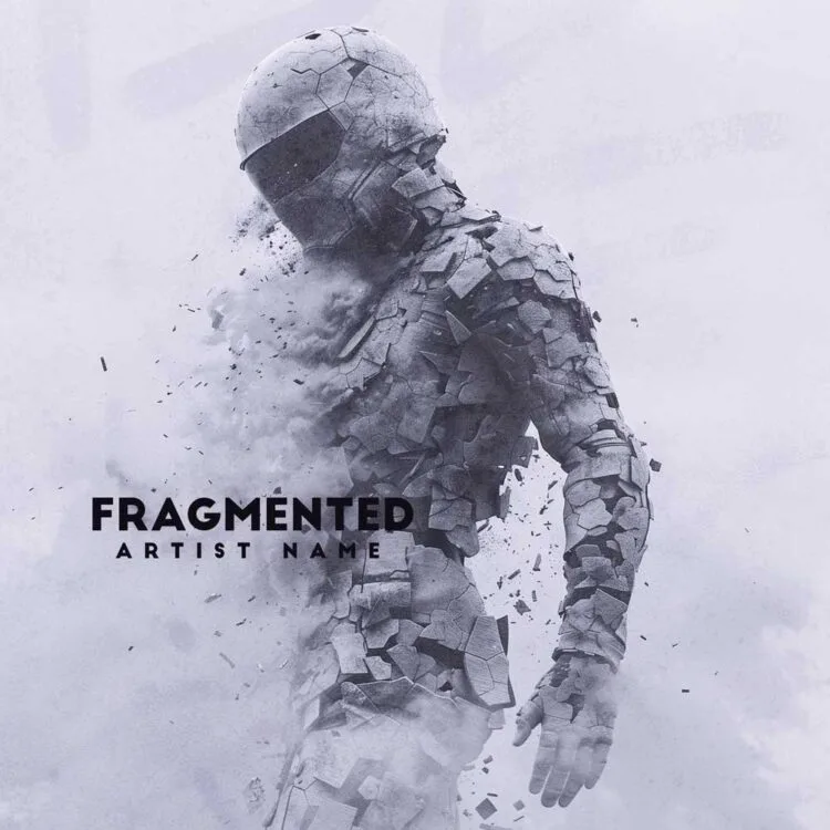 Fragmented - Post-Rock Album Cover - A melancholic music album cover featuring a fragmented figure disintegrating into pieces in a misty gray space.