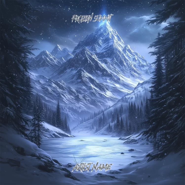 Frozen Summit Album Cover featuring a snowy mountain under a starry sky with a glowing peak.