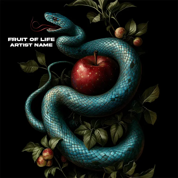 A glowing, golden fruit with intricate patterns, hanging from a lush tree in a vibrant garden, surrounded by colorful flowers and a soft, radiant light, symbolizing abundance and vitality.