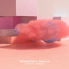 A surreal music album cover featuring geometric shapes like cubes and spheres with soft pink and blue clouds, set against a minimalist pastel backdrop.