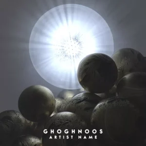 Ghoghnoos Album Cover - A mystical music album cover featuring a cluster of dark spheres under a radiant light source, resembling a cosmic rebirth against a shadowy backdrop.