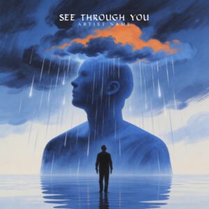 giant blue figure storm album cover art - See Through You cinematic surreal design for pop and post-rock artists
