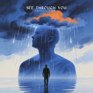 giant blue figure storm album cover art - See Through You cinematic surreal design for pop and post-rock artists