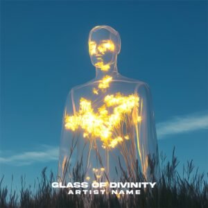 Glass of Divinity - Spiritual Ambient Album Cover - A spiritual music album cover featuring a transparent human figure filled with glowing golden lights, standing among tall grass under a bright blue sky.