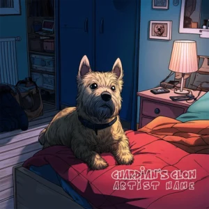 Guardian's Glow - A cozy music album cover featuring a small dog on a bed in a warmly lit bedroom, with a soft lamp casting a gentle glow, evoking a sense of protection.