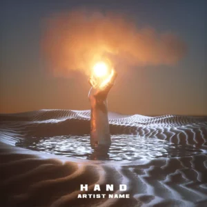 A hand emerging from water in a rippled desert, holding a glowing orb of light with a fiery aura, set against a twilight sky, symbolizing hope and energy
