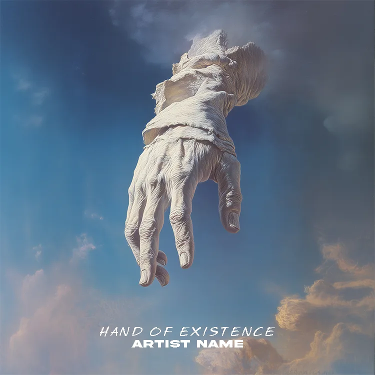 A giant, weathered stone hand floats upside down in a bright blue sky with scattered clouds, symbolizing existential themes and the passage of time.