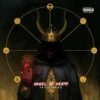 Heavy metal album art featuring a dark hooded figure wearing a golden crown and twisted horns, holding a glowing red pentagram, set against a circular occult symbol background.