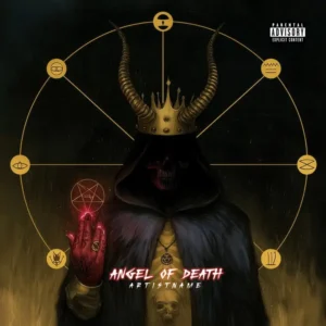 Heavy metal album art featuring a dark hooded figure wearing a golden crown and twisted horns, holding a glowing red pentagram, set against a circular occult symbol background.