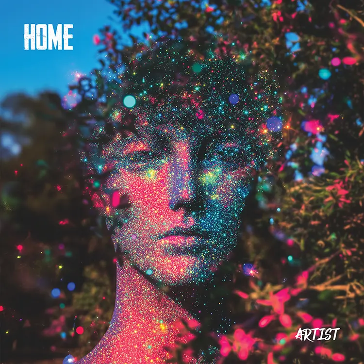A vibrant Home Cover Art featuring a face covered in colorful glitter, surrounded by foliage.