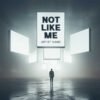 Not Like Me - A contemplative music album cover featuring a lone figure facing suspended screens in a misty industrial space.