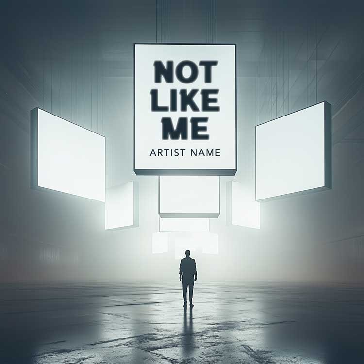 Not Like Me - A contemplative music album cover featuring a lone figure facing suspended screens in a misty industrial space.