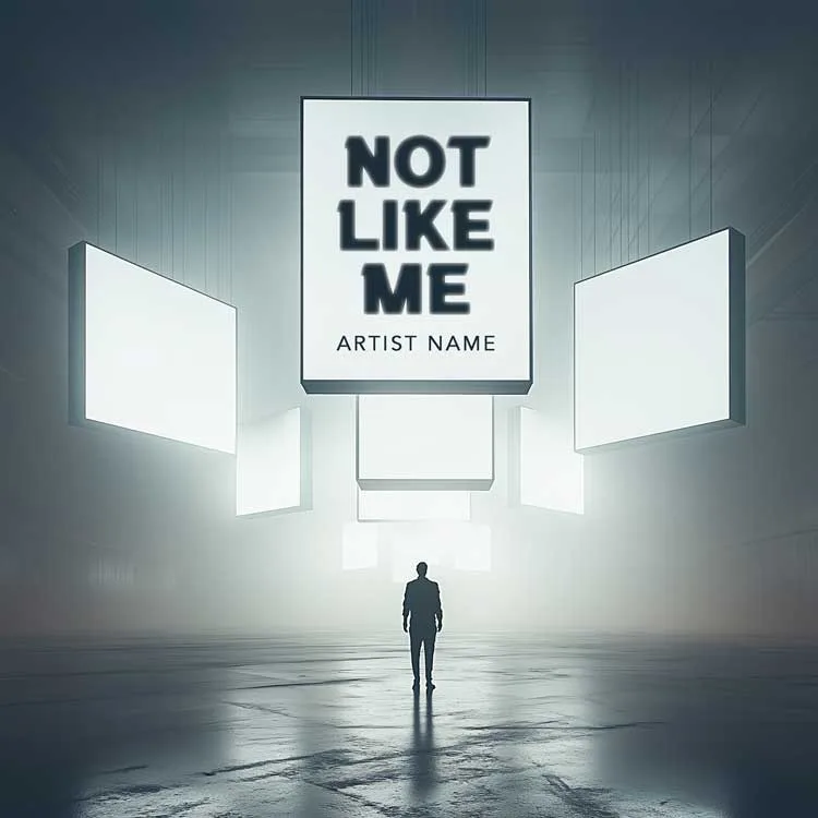 Not Like Me - A contemplative music album cover featuring a lone figure facing suspended screens in a misty industrial space.