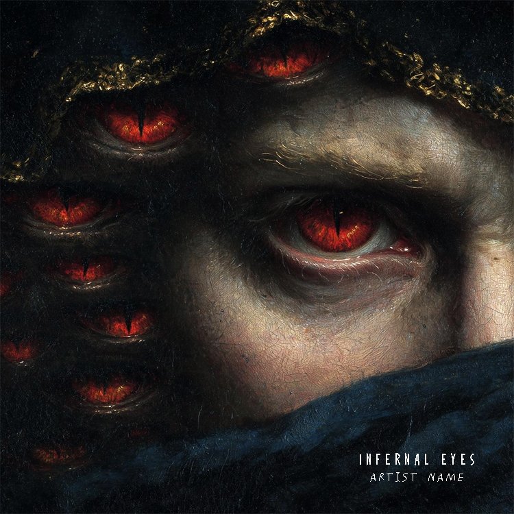 A menacing Infernal Eyes music cover art featuring glowing red eyes peering through thick dark smoke and embers.