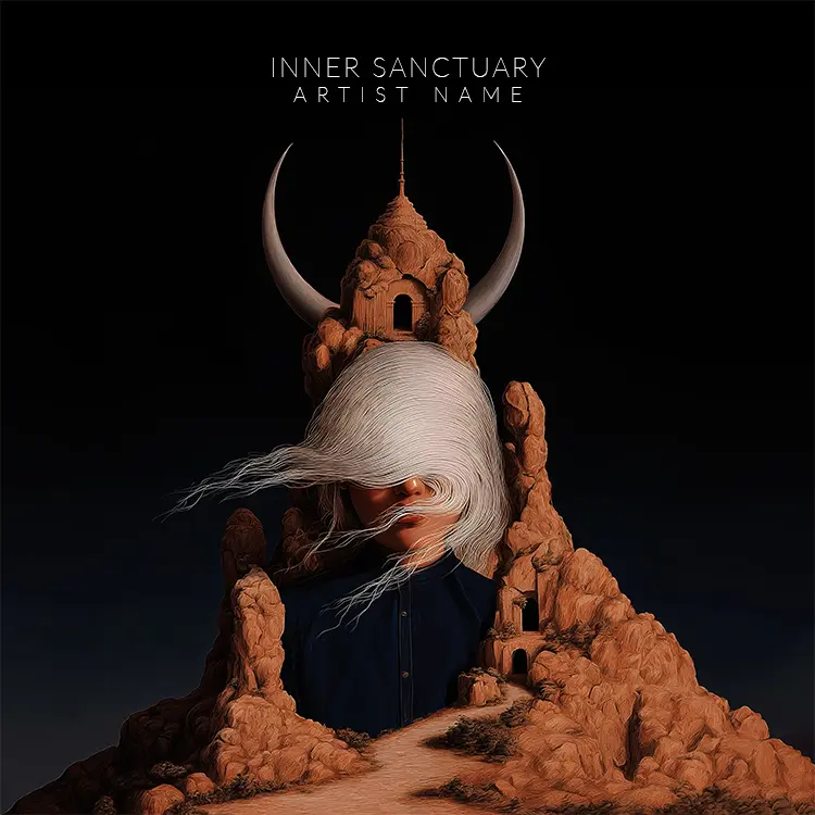 A mystical Inner Sanctuary album cover art featuring a figure with flowing hair, rising from earthy formations, with a crescent moon and temple structure in the background.