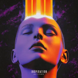 Inspiration Album Cover work. Synth Pop - A vibrant music album cover featuring a head with closed eyes and glowing orange lights above, set against a purple cosmic background.