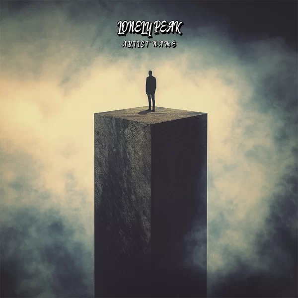 Lonely Peak Album Cover featuring a solitary figure standing on a towering peak surrounded by mist.