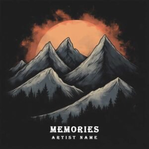 Memories - A nostalgic music album cover featuring an illustrated scene of snowy mountains and a dark forest under a large orange sun or moon against a black background.