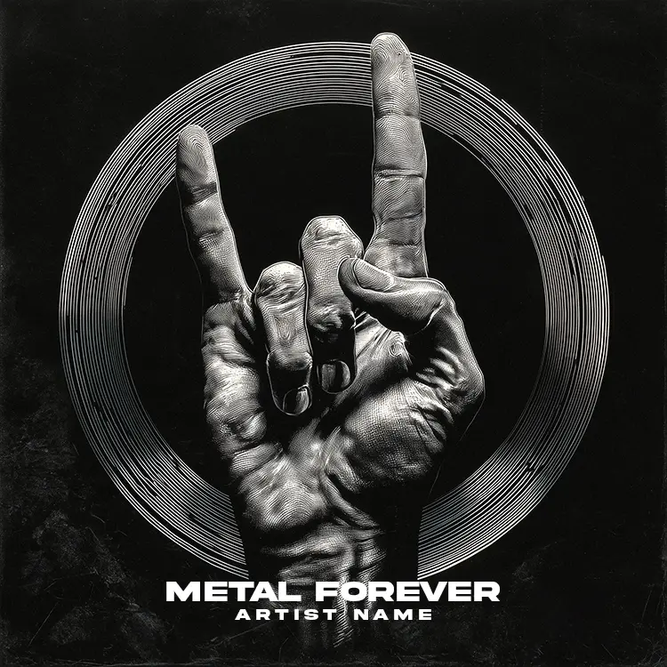 A powerful Metal Forever album cover art featuring a detailed hand making the rock and roll sign against a dark, grungy background.