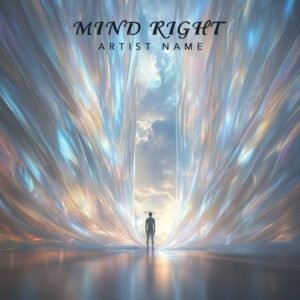 Mind Right - An uplifting music album cover with a lone figure facing iridescent curtains under a bright sky.