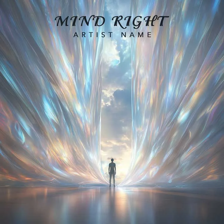 Mind Right - An uplifting music album cover with a lone figure facing iridescent curtains under a bright sky.