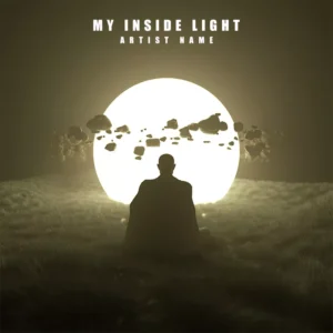 A silhouette meditating on a grassy field with a glowing full moon behind, surrounded by floating rock fragments, symbolizing inner illumination and cosmic connection.