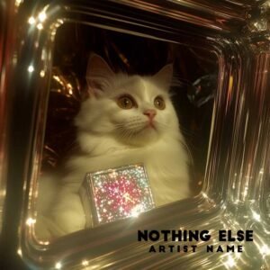 Nothing Else - A whimsical music album cover featuring a white cat holding a glowing, colorful cube in a reflective, mirrored space with soft lights.