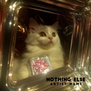Nothing Else - A whimsical music album cover featuring a white cat holding a glowing, colorful cube in a reflective, mirrored space with soft lights.