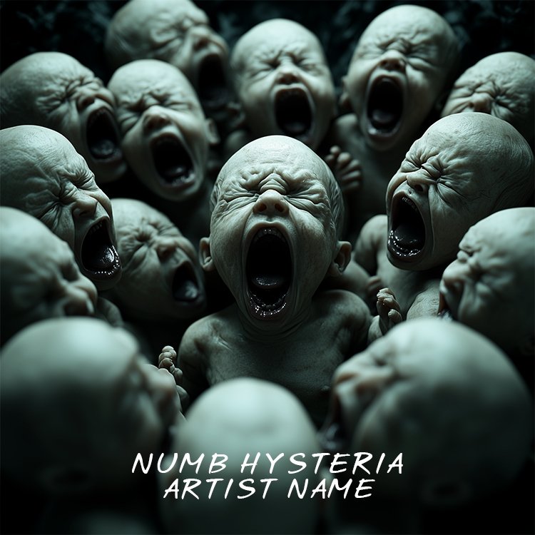 Numb Hysteria - A group of screaming, pale faces with open mouths, clustered together in a dark, claustrophobic setting, creating a chilling and intense atmosphere.
