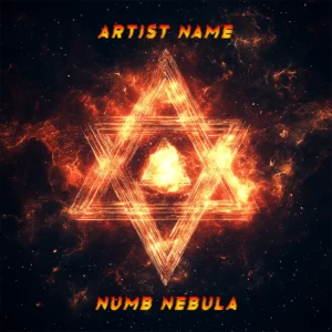A cosmic music album cover featuring a glowing geometric star with fiery orange lines against a dark nebula background.