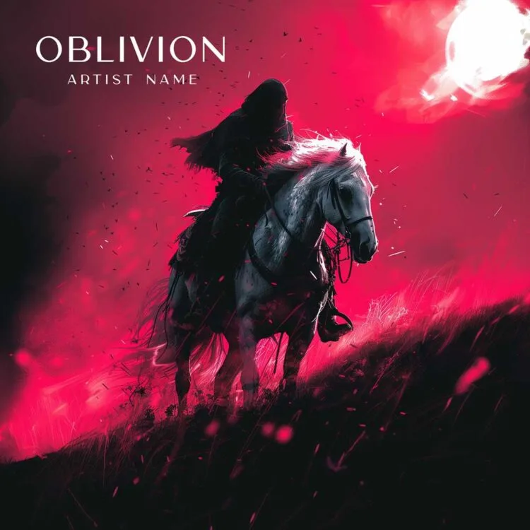 Oblivion - Epic Metal Album Cover - A dramatic music album cover featuring a cloaked rider on a white horse against a fiery red sky with a glowing moon.