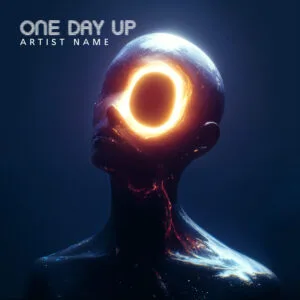 A surreal ONE-DAY-UP_Album_Cover_Art featuring a human figure silhouette with a glowing gold cosmic void portal in place of the face against a deep blue atmospheric background.