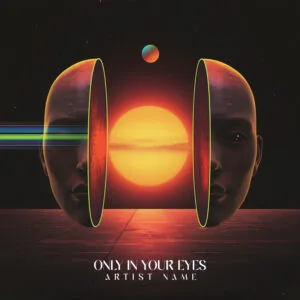 A surreal Only-In-Your-Eyes_Album_Cover_Art showing a giant human head split down the middle to reveal a huge glowing orange sun with a horizontal glitch rainbow beam passing through the left eye in a dark starry space backdrop.