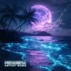 Phenomena - Dream Pop Album Cover - A magical music album cover featuring a glowing purple moon over a tropical beach with bioluminescent blue waves and silhouetted palm trees under a starry sky.