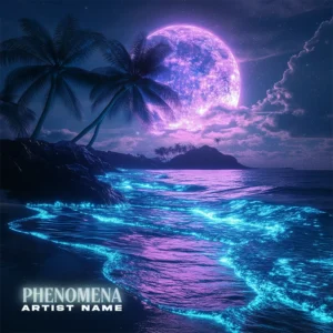 Phenomena - Dream Pop Album Cover - A magical music album cover featuring a glowing purple moon over a tropical beach with bioluminescent blue waves and silhouetted palm trees under a starry sky.