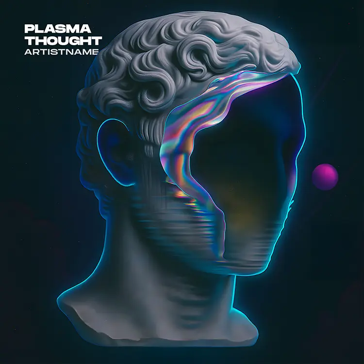 A surreal Plasma Thought album cover art featuring a classical bust with a distorted, colorful, glowing plasma effect where the face should be, against a dark background.