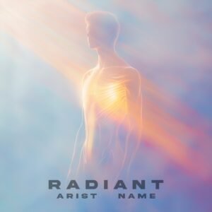 A translucent silhouette with a glowing heart, bathed in soft light rays against a pastel blue and orange backdrop, symbolizing ethereal energy.
