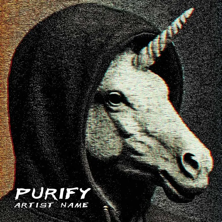 A striking Purify album cover art featuring a mysterious figure with a unicorn head wearing a hoodie, depicted with a unique glitch or pixelated effect.