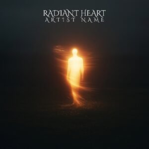 Radiant Heart Album Cover - A spiritual music album cover featuring a glowing silhouette of a person on a grassy field, radiating light against a dark backdrop, symbolizing inner hope.
