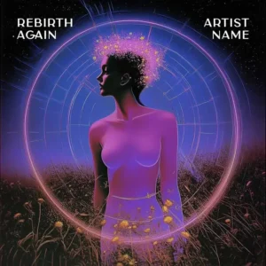 A radiant Rebirth Again album cover art featuring a glowing figure in a field of flowers, encircled by a light ring, symbolizing spiritual renewal.