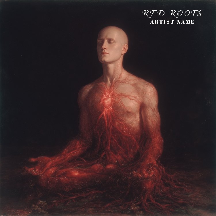 A stunning Red Roots music cover art featuring glowing crimson organic root structures intertwined in a dark, mysterious void.